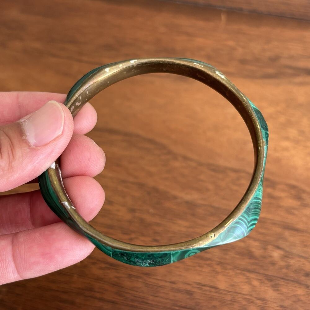 Vintage Brass & Green Malachite Inlay Bangle Bracelet